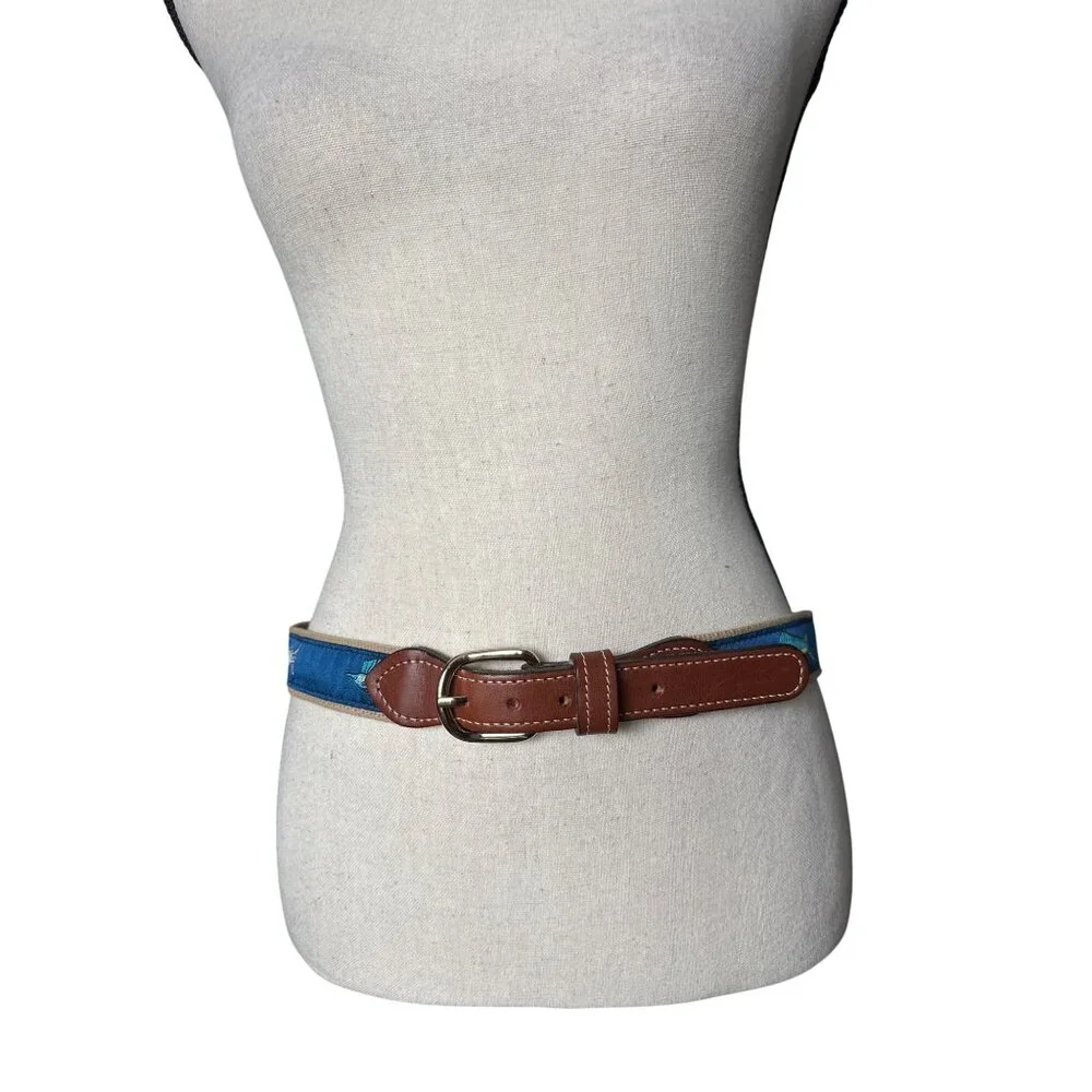 OFFSHORE SLAM Belt Mahi Mahi Marlins Solid Brass Buckle Leather Size 32